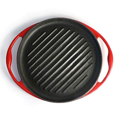 Sartén de hierro fundido presazonado con revestimiento antiadherente de piedra médica, sartén de carne de 25 cm para asar tocino, filete y carnes, color rojo