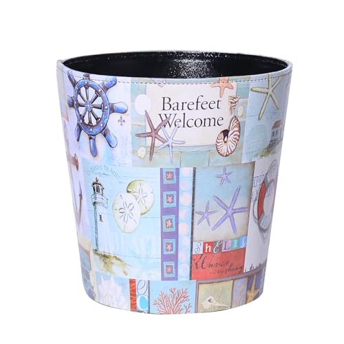 Image of PU Leather Small Trash Can Wastebasket, Round Garbage Container Basket for Bathrooms, Laundry Room, Kitchens, Offices, Kids Rooms, Bedrooms,Home Decorative Art Bin, 2.9 Gallon (Nautical Beach)