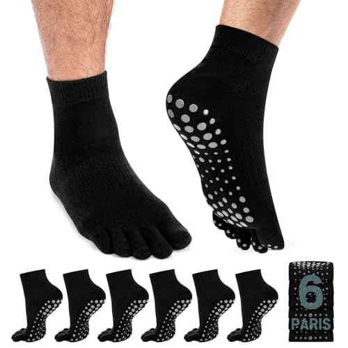 Image of 6 Pairs Men Grip Toe Socks with Cushion Cotton Non Slip Finger Sport Socks for Yoga, Pilates, Gym, Soccer, Basketball