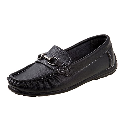Josmo Boysâ€™ Shoes â€“ Casual Leatherette Moccasin Driving Loafers (Size: 5T-5 Big Kid), Size 1 Little Kid, Black Buckle