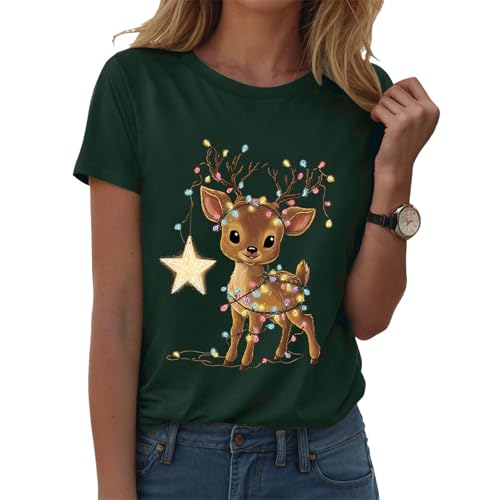 Image of Christmas T Shirts Women Women's Xmas Tops Shirt for Women Fashion Christmas Print T Shirt Short Sleeve Short Sleeve Round Neck Tee Printing Loose Top Womens Summer Shirts (Dark Green, XL)