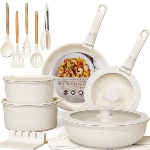 Astercook 21 Pcs Pots and Pans Set Non Stick, Ceramic Cookware Set Detachable Handle, RV Kitchen Cooking Set Removable Handles, Oven Safe, Induction Ready, Stackable, Cream, Fathers Day Gift for Men