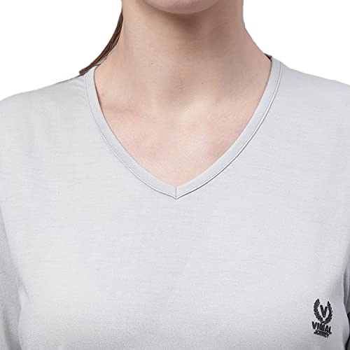 Image of Mack Jonney Women V Neck Cotton Solid Regular Fit T-Shirt-V Anthraa 001-P