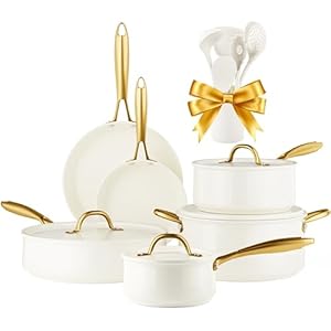 RIOVARM Induzione Set di pentole e padelle con coperchi, In ceramica Antiaderente Set di pentole con set di utensili da cucina, Set cucina essenziale Padella Pentola Padella per salse Spatole