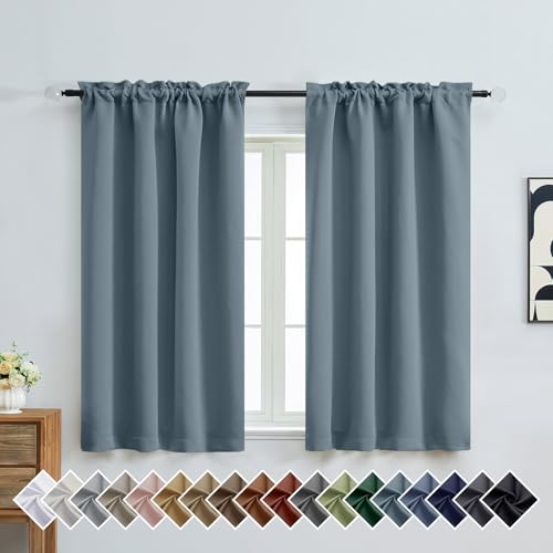 Image of Stone Blue Short Blackout Curtains for Bedroom 54 Inches Long 2 Panels, Modern Window Treatments Thermal Insulated Curtains for Living Room, Dual Rod Pocket Blackout Drapes, 2x40Wx54L Inches
