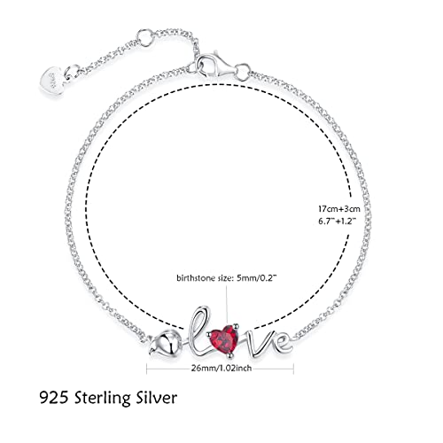 Leva Jewkis Sterling Silver Birthstone Bracelets Rose Love Created Ruby Gemstone July Birthstone Dainty Charm Link Birthday Anniversary Jewelry For Women Girls 6.7+1.2 Inches #TOP4
