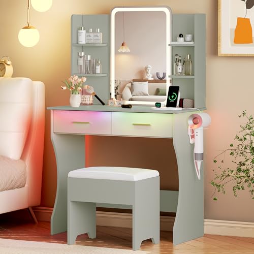 Image of Vanity Desk with LED Lights Mirror & Power Outlet, Small Makeup Vanity Table Set with Storage Drawers & Chair, 3 Lighting Modes & Adjustable Brightness, Dressing Table for Women Girls Bedroom, Green