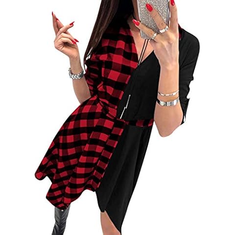 YOINS Womens Plaid Dress Jumper T Shirt Check Dresses for Women Long Sleeve Tartan Cocktail Dresses with Pocket Patchwork-red M Cover