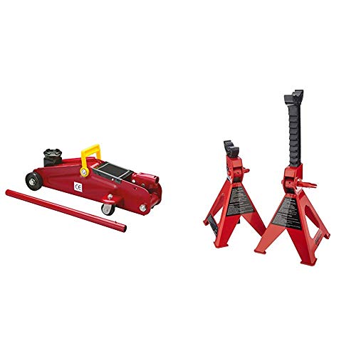 Cartrend 7740014 Cric Hydraulique à roulettes 2 T & Amazon Basics 1 Paire de chandelles en Acier - Capacité 2 tonnes