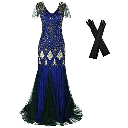 Image of Women Evening Dress 1920s Flapper Cocktail Mermaid Plus Size Formal Gown with Long Gloves