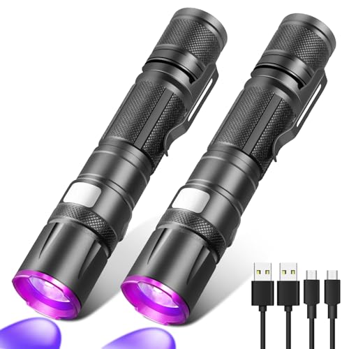 WSSBOND Blacklight Flashlight, 2 Pack UV Flashlight Rechargeable, Small Pure Ultraviolet Light Long Lasting, Powerful Fluorescent Detector for Dog Urine Stains,Scorpions,Hornworm,Glow Paint