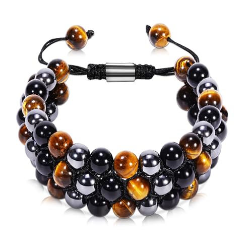Civison Multi-Layer Protection Bracelet - Handmade Tiger Eye Hematite Obsidian for Men & Women | Chinese Cultural Elastic Natural Stone Woven Bangle Gift