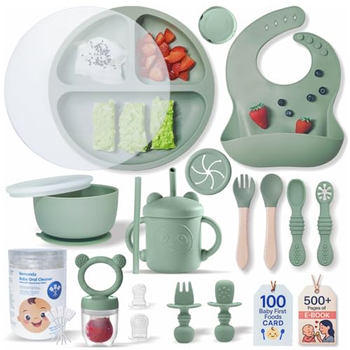 Image of Remonda 23-Piece BPA-Free Silicone Baby Feeding Set | Extra Large Suction Plates, Toddler Bowls, Self Feeding Spoons, and More | Dishwasher Safe| Baby Led Weaning Supplies (Green）01