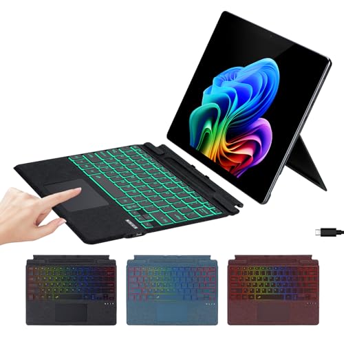 Aulaiiex Microfiber Leather Keyboard for Surface Pro 11/10/9/8/X, Bluetooth Keyboard Type Cover with Palm Rejection Touchpad, Pen Holder, Type-C Charging, 7-Color Backlight for Microsoft Surface Pro