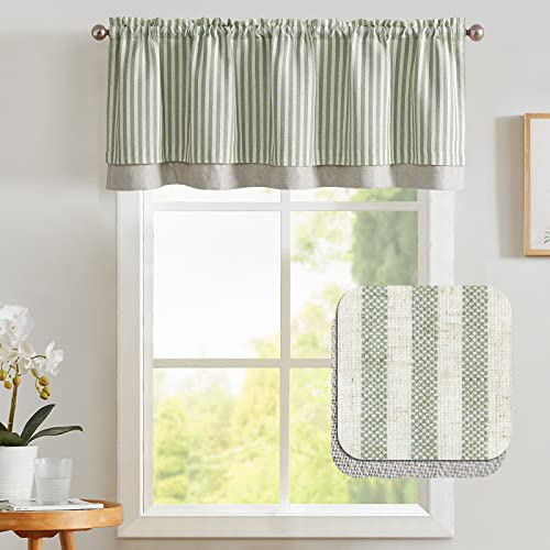 TOPICK Striped Short Kitchen Curtains 18 Inch Drop Small Cafe Curtains Blackout Double Layer Curtain Valance for Sink Living Room Cupboard Rod pocket 1 Panel Green on Beige - Image 2