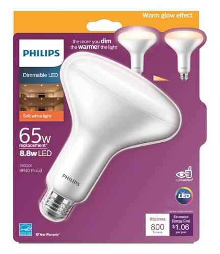 PHILIPS LED Frosted Dimmable Warm Glow Effect BR40 Light Bulb - EyeComfort Flicker Free - 8.8W = 65W - 800 Lumen - Soft White (2700K) - E26 Base - Indoor - Title 20