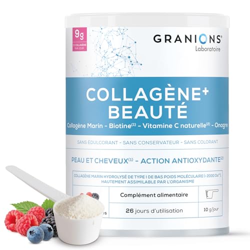 GRANIONS | Collagene Marino con Acido Ialuronico + BELLEZZA, 9g Collagene in Polvere - 320 mg Vitamina C Naturale, Biotina e Enotera - Pelle Idratata e Capelli Forti - Aroma Naturale Frutti Rossi 260g GRANIONS | Collagene Marino con Acido Ialuronico + BELLEZZA, 9g Collagene in Polvere - 320 mg Vitamina C Naturale, Biotina e Enotera - Pelle Idratata e Capelli Forti - Aroma Naturale Frutti Rossi 260g