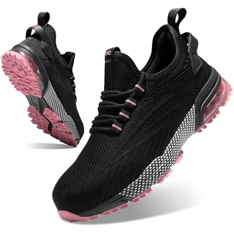 SPIEZ Composite Toe Safety Shoes for Women,Breathable Lightweight Non Slip Work Shoes,Air Cushion Safety Sneakers for Daily Casual Wear and Various Harsh Environments Black-Pink Cover