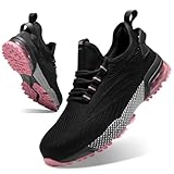 SPIEZ Composite Toe Safety Shoes for Women,Breathable Lightweight Non Slip Work Shoes,Air Cushion Safety Sneakers for Daily Casual Wear and Various Harsh Environments US 9 Black-Pink