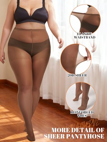 Image of Plus Size Sheer Tights for Women 20D Control Top Pantyhose Soft Stockings with Reinforced Toes 2 Pairs
