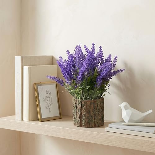 Image of Dekorly Artificial Lavender Flower with Real Wooden Vase (28CM Overall Height) | Decorative Lifelike Faux Floral Plant in Rustic Tree Log Pot for Living Room(Lavender Flower)
