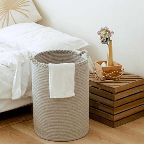 Image of ALBY Woven,Tall Wicker Laundry Basket for Blankets,Clothes,Pillows,Toys,Shoes Large Cotton Laundry Hamper for Bedroom Living Room Bathroom Nursery (72L /Extra Large16 inchD x 22 inchH, PURE GREY)