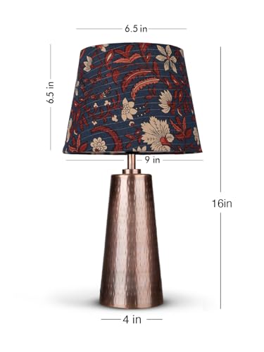 Image of Green Girgit Copper Etched V-Shaped Lamp with Taper Muticolor Blue Shade | Galvanized Iron Bedside Night & Reading Table Lamp | Metal Handcrafted Lamp | Living Room & Home Decor Item