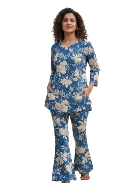 Blue Floral Printed Co-Ord Set with Tunic Top & Flared Trousers.-picture-30
