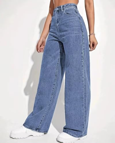 HENGAO Women's Wide Leg Jeans - High Waisted Washed Denim Pants, Casual Loose Fit Boyfriend Style with Pockets2