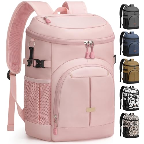 Pritent Cooler Backpack for Men Women Insulated Waterproof Backpack Cooler Leak Proof Cooler Bag Lightweight Lunch Backpack for Camping Beach Travel Picnic(Pink 30 Cans)