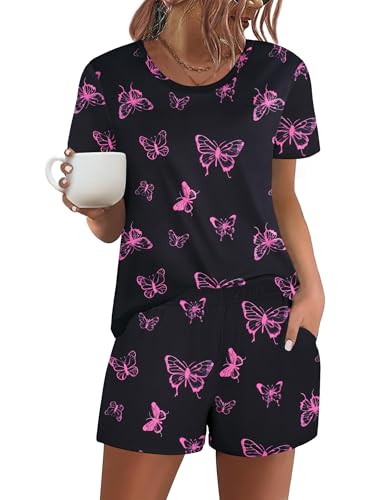 Image of Ekouaer Women's Pajama Sets Short Sleeve Pjs 2 Piece Top and Shorts Sleepwear Comfy Soft Lounge Sets with Pockets