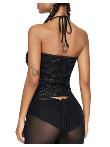 SHENHE Women's Halter Top Sparkly Glitter V Neck Party Crop Tops Club Rave Festival Outfits3