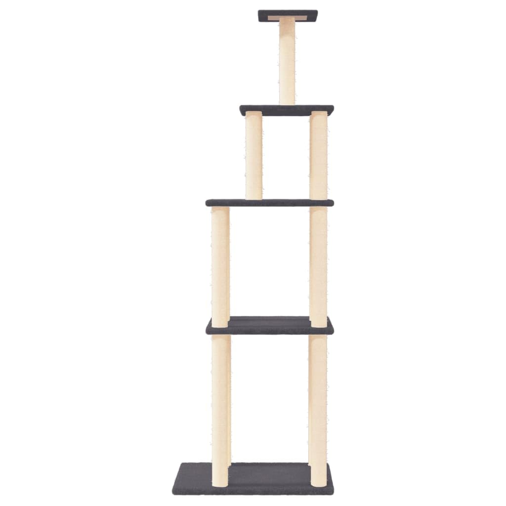 Kratzbaum 183 cm groß Katzenturm mit Sisal-Kratzsäulen Grau | Stabiler Katzenspielplatz fürs Wohnzimmer mit dicken Sisalsäulen zur Krallenpflege und weichen Liegeflächen.
