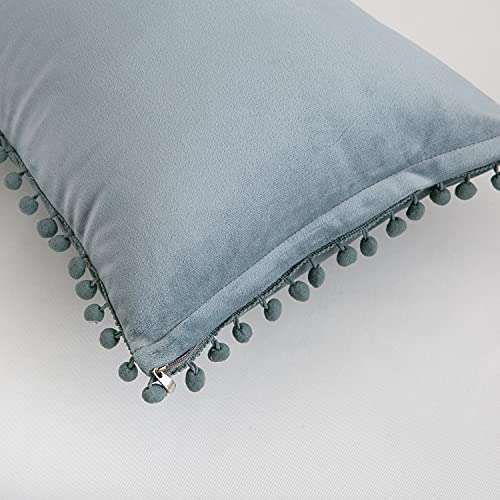 Lihio Set 0F 2 Oblong Throw Pillows Covers Decorative With Pompoms Stripe Velvet Cushion Covers Covers Soft Coach Sofa Chair Home 12X20 Inches Grey Blue #TOP5