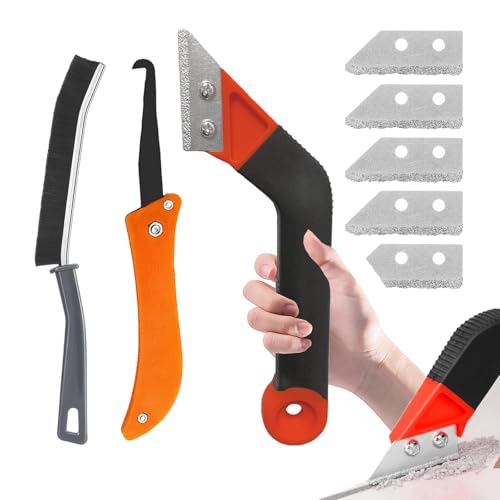 Rascador Juntas Azulejos, 8 pcs Removedor de Lechada para Quitar Lechada de Azulejos y Baldosas con 5 piezas de Repuesto Extra, 1 Cepillo para Quitar Baldosas(Rojo)