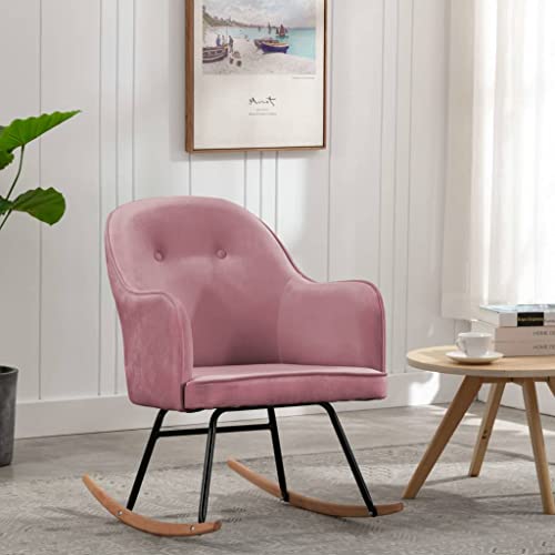 GeenYuu Chaise à Bascule Rose en Velours avec Cadre en Fer et Pieds en Bois de hêtre 60x74x84 cm pour Salon, terrasse, Jardin, Fauteuil Berceuse Confortable et Stable