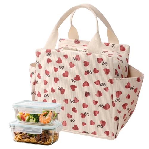 FOSDICK Borsa Termica Porta Pranzo Donna Bambini 12L Grande Capacità Borsa Porta Pranzo Stampa a Cuori Borsa Frigo Beige Lunch Bag Design Multi-Tasca, Portatile per Ufficio Scuola Viaggio Picnic