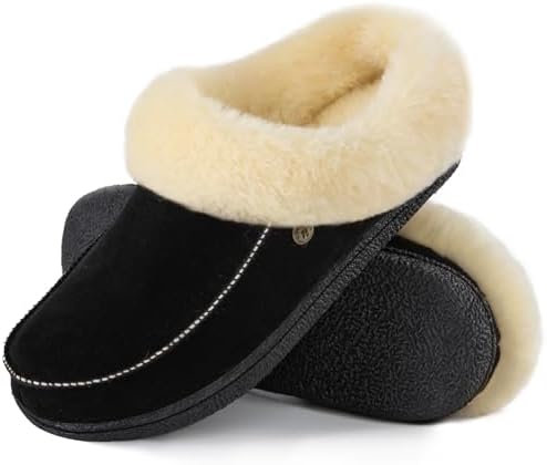 HomeTop Women’s Moccasin Slip-on Slippers Soft Microsuede Clog Comfy Non-slip Memory Foam Indoor Outdoor House Shoes with Fuzzy Collar