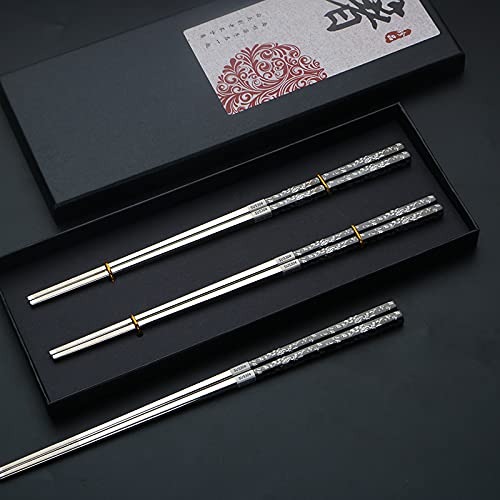 Stainless Steel Chopsticks, Titanium Plated Dishwasher Safe Metal Chopsticks Engraved Anti-slip Square Japanese Korean Lightweight Chop Sticks 2 Pairs - Gift Set (Flower Vine) - Thumbnail 2