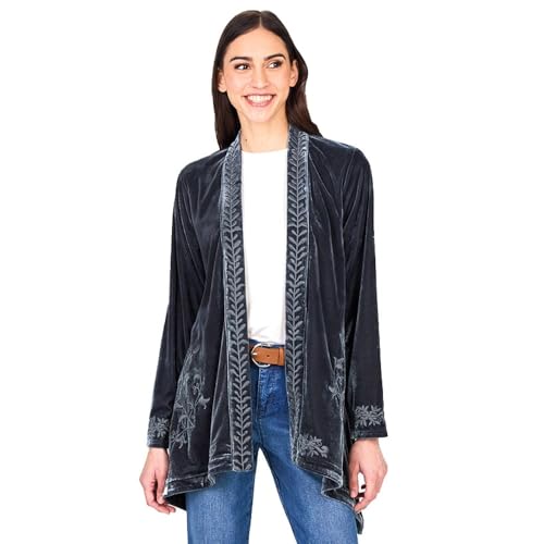 Image of Women's Embroidered Velvet Open Front Cardigan Jacket - Gray 2X