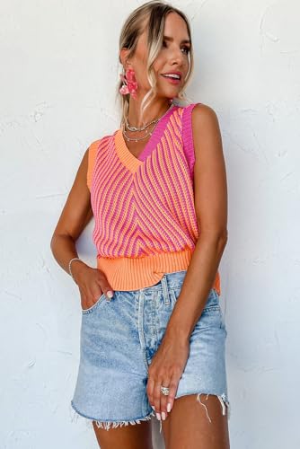 Image of MARZXIN Women Sleeveless Sweater V Neck Casual 2026 Fall Knitted Chevron V Neck Sweater Vest Color Block Pullover Sweater Top