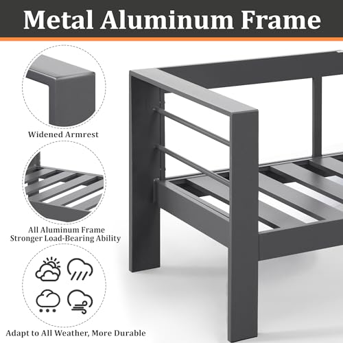 Image of Outdoor Conversation Sets, Aluminum Patio Couch with Outdoor Coffee Table, All-Weather Metal Patio Couch with 5 inch Thick and Soft Cushion and Wide Arm, Outdoor Sofa Sets for Balcony, Porch, Dark Gray