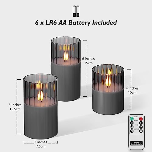 Image of Rhytsing Smoked Ribbed Glass Battery Operated LED Candles with Remote, Flameless Candle with Timer Gift Set for Home Decor, Warm White Lights- Include 6 Batteries - Set of 3