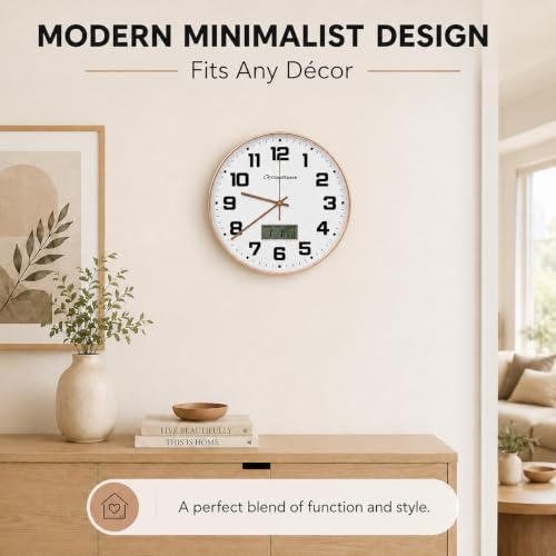 Image of Cloud Space 12 inch Silent Wall Clock Battery Operated, Non Ticking Modern Wall Clock with LCD Calendar & Fahrenheit Temperature Display, Easy-to-Read Kitchen Bedroom Office Living Room Wall Clock