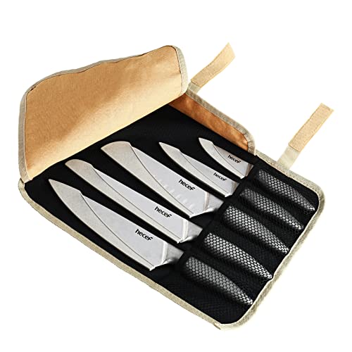 hecef 5 Piezas Cuchillos Cocina con Bolsas para Cuchillos, Juego Cuchillos Profesional de Acero Inoxidable, Set Cuchillos con Cuero Impermeable para Barbacoa, Picnic
