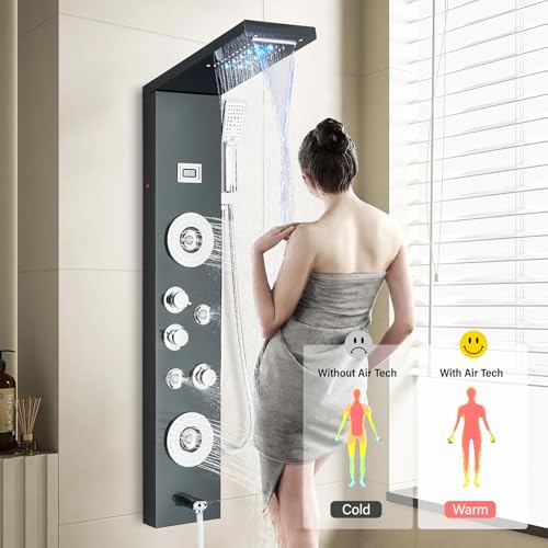 Image of FUZ Shower Panel Tower System, Stainless Steel 6 Functions Shower Panel System with LED Fancy Rain Shower Head and Handheld, Adujstable Rain Massage Body Jets and Tub Spout, Matte Black Shower Tower