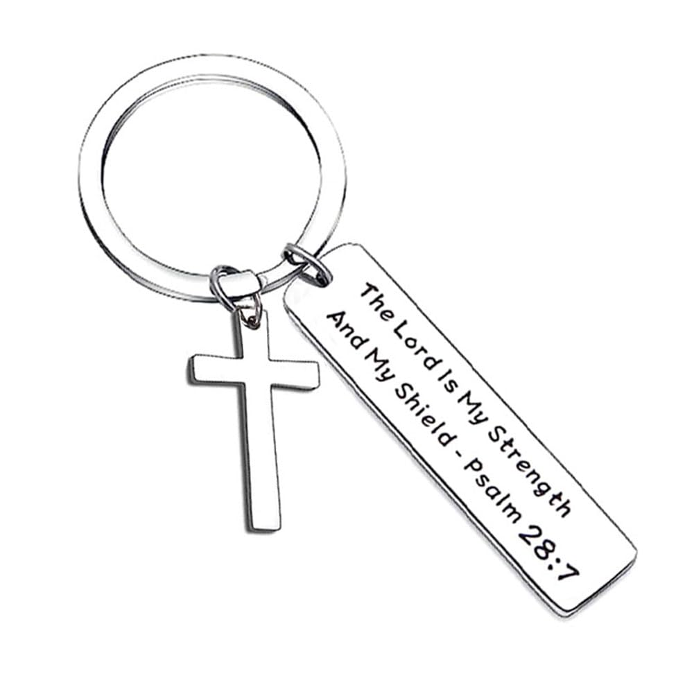 LAOSEPKORKUS The Lord Is My Strength and My Shield Psalm 28:7 Cross Keychain Engraving Letter with Cross Keyring Christian Key Holder Bible Verse Keychain Believer of a Religion Gift