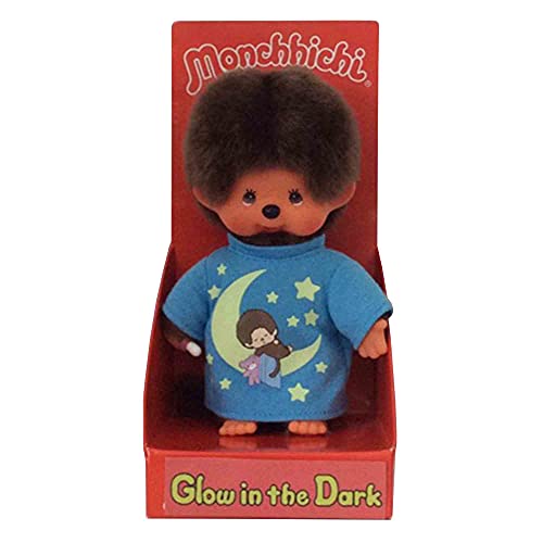 Sekiguchi Monchhichi 223725 – Peluche con Camiseta Azul y Elementos Que Brillan en la Oscuridad, Aprox. 20 cm de Peluche marrón