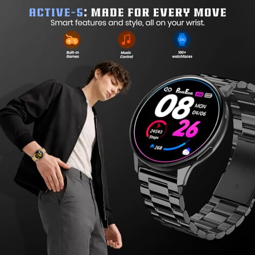 Image of PunnkFunnk Active 5 Smart Watch with 1.3 inch AMOLED HD Display | Bluetooth Calling, AI Voice Assistant, 100+ Sports Modes, Heart Rate & SPO₂ Tracking, IP68 Waterproof for Men & Women- (Metal Black)