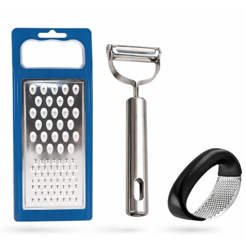Kit Cozinha Mix 3 em 1 – Ralador Manual, Descascador de Legumes e Amassador de Alho | Utensílios de Cozinha em Aço Inox e Plástico